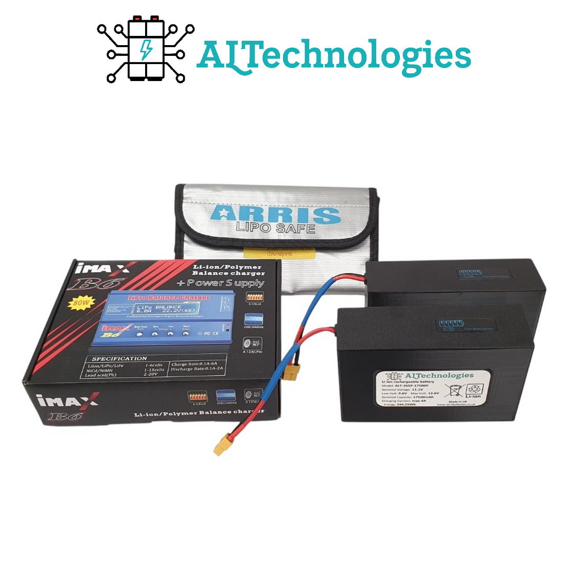 Toslon X-Boat lithium battery bundle with two battery packs, iMAX B6 charger and LiPo storage bag