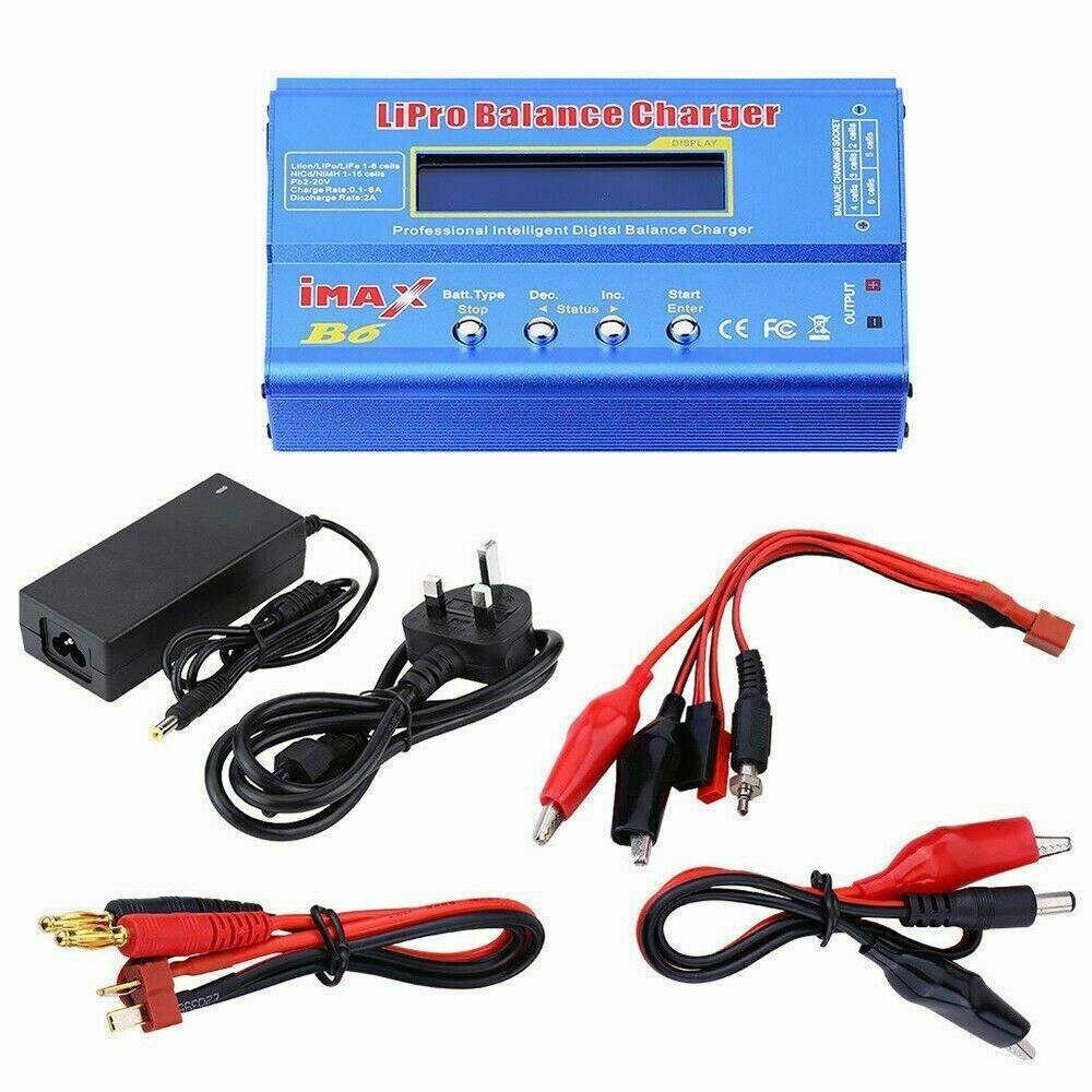 iMAX B6 battery balance charger with power adapter, UK mains plug and three charging leads